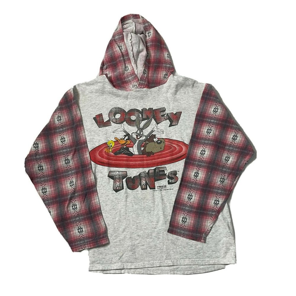 Looney Tunes Freeze Long Sleeve Vintage 1994 Pullover Hoodie Aztec Plaid XL